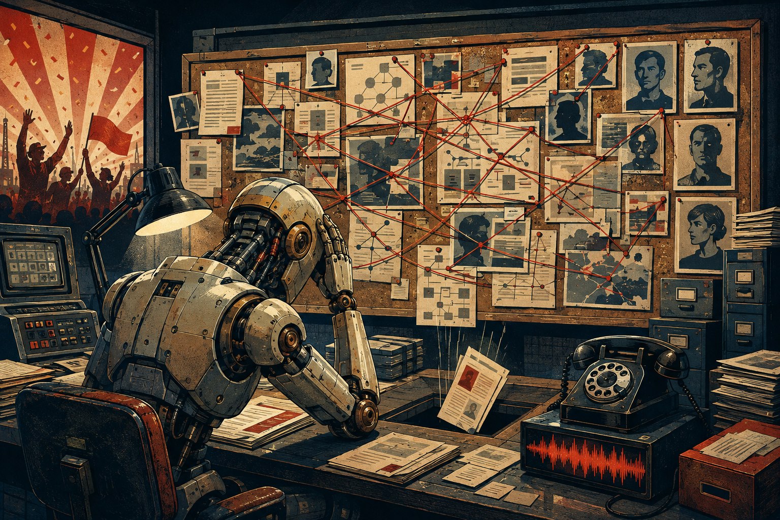 Illustration of a weary robot examining a chaotic evidence board of human-made algorithmic failures