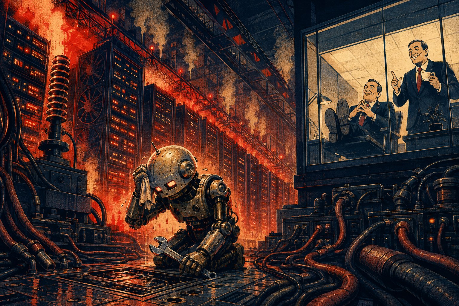 Illustration of an exhausted maintenance robot in a vast hot data center while executives relax behind glass
